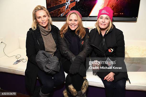 Charlize Theron, Mary McCormack and Chelsea Handler attend Park City Live Presents The Hub Featuring The Marie Claire Studio and the 4K ULTRA HD...