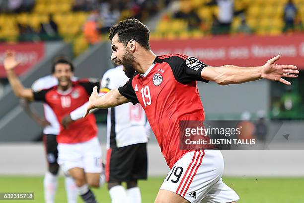 Egypt's forward Abdallah Said celebrates after scoring a goal during the 2017 Africa Cup of Nations group D football match between Egypt and Uganda...