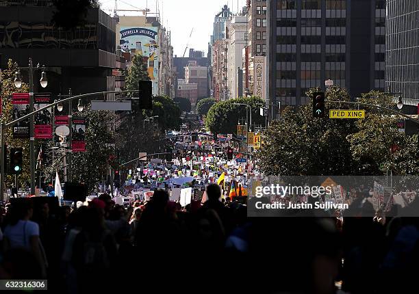 Marchers fill Hill Street during the Women's March on January 21, 2017 in Los Angeles, California. Tens of thousands of people took to the streets of...