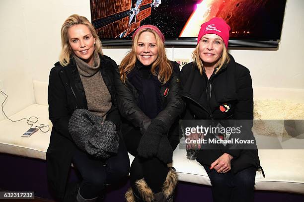 Charlize Theron, Mary McCormack, and Chelsea Handler attend Park City Live Presents The Hub Featuring The Marie Claire Studio and the 4K ULTRA HD...