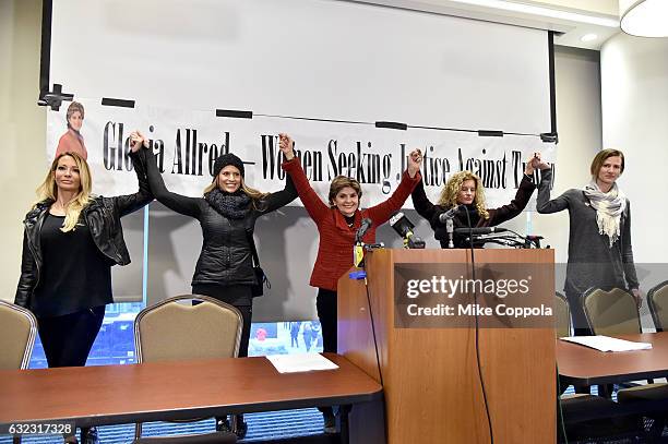 Jessica Drake, Temple Taggart, Gloria Allred, Summer Zervos and Rachel Crooks stand in solidarity during the Accusers of President Donald Trump Hold...