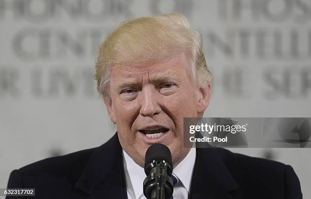 President Donald Trump speaks at the CIA headquarters on January 21, 2017 in Langley, Virginia . Trump spoke with about 300 people in his first...