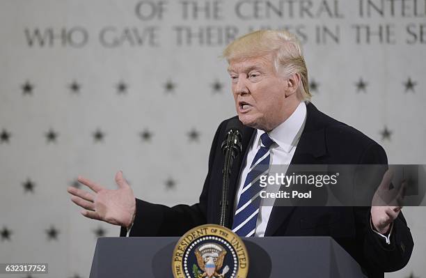 President Donald Trump speaks at the CIA headquarters on January 21, 2017 in Langley, Virginia . Trump spoke with about 300 people in his first...