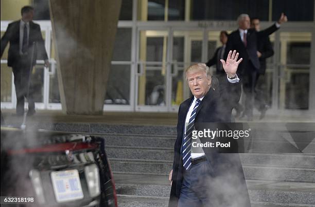 President Donald Trump leaves the CIA headquarters after speaking on January 21, 2017 in Langley, Virginia . Trump spoke with about 300 people in his...