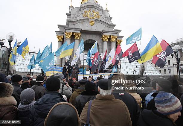 Ukrainians take a part in an international protest &quot;Stop Putin! Stop war!&quot; on Independence Square, in Kiev,Ukraine,21 January, 2017.