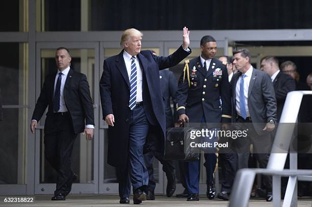 President Donald Trump leaves the CIA headquarters after speaking to 300 people on January 21, 2017 in Langley, Virginia . Trump spoke with about 300...