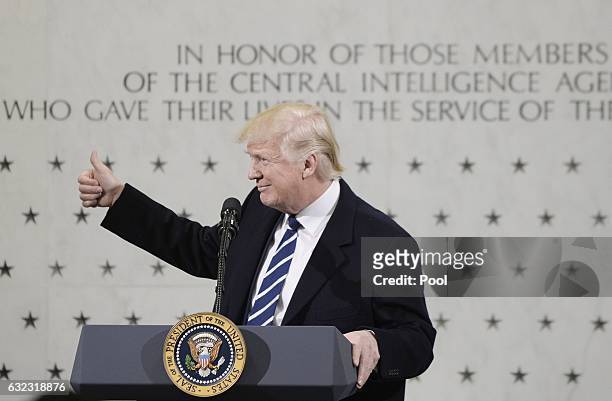 President Donald Trump speaks at the CIA headquarters on January 21, 2017 in Langley, Virginia . Trump spoke with about 300 people in his first...