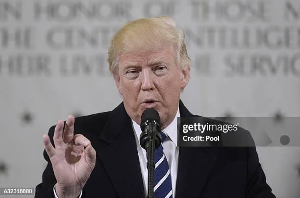 President Donald Trump speaks at the CIA headquarters on January 21, 2017 in Langley, Virginia . Trump spoke with about 300 people in his first...