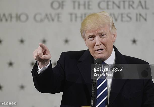 President Donald Trump speaks at the CIA headquarters on January 21, 2017 in Langley, Virginia . Trump spoke with about 300 people in his first...