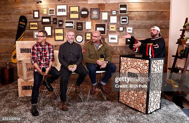 Directors Jonathan Milott, Cary Murnion and actor Dave Bautista of "Bushwick" speak with Kevin Smith at The IMDb Studio featuring the Filmmaker...
