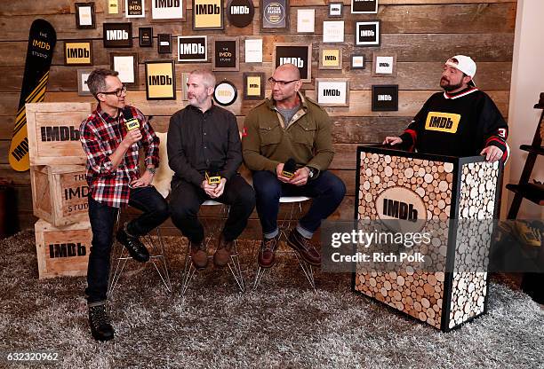 Directors Jonathan Milott, Cary Murnion and actor Dave Bautista of "Bushwick" speak with Kevin Smith at The IMDb Studio featuring the Filmmaker...