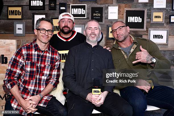 Directors Jonathan Milott, Cary Murnion and actor Dave Bautista of "Bushwick" with Kevin Smith at The IMDb Studio featuring the Filmmaker Discovery...