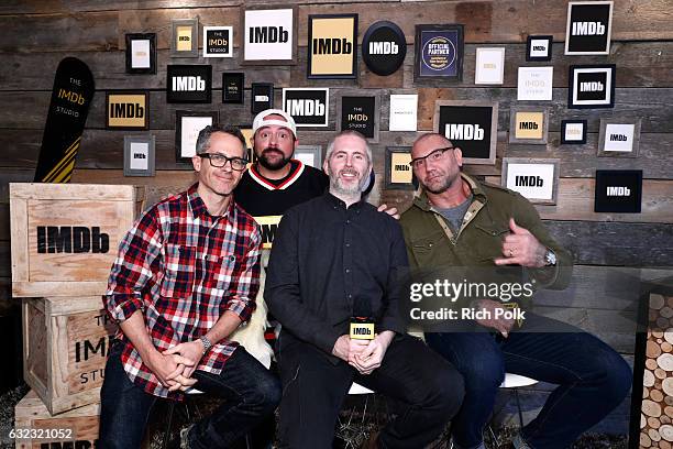 Directors Jonathan Milott, Cary Murnion and actor Dave Bautista of "Bushwick" with Kevin Smith at The IMDb Studio featuring the Filmmaker Discovery...