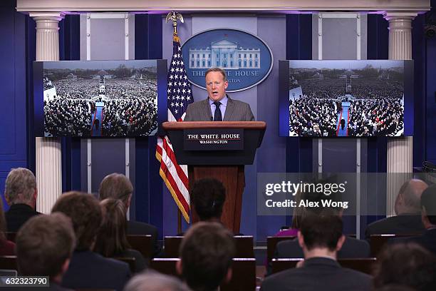 White House Press Secretary Sean Spicer makes a statement to members of the media at the James Brady Press Briefing Room of the White House January...