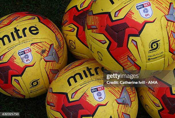 Mitre winter match ball / balls with the Sky Bet EFL logo during the Sky Bet League One match between Shrewsbury Town and Oldham Athletic at...