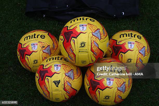 Mitre winter match ball / balls with the Sky Bet EFL logo during the Sky Bet League One match between Shrewsbury Town and Oldham Athletic at...