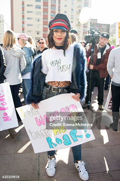Actress/singer Vanessa Hudgens attends the women's march in Los Angeles on January 21, 2017 in Los Angeles, California.