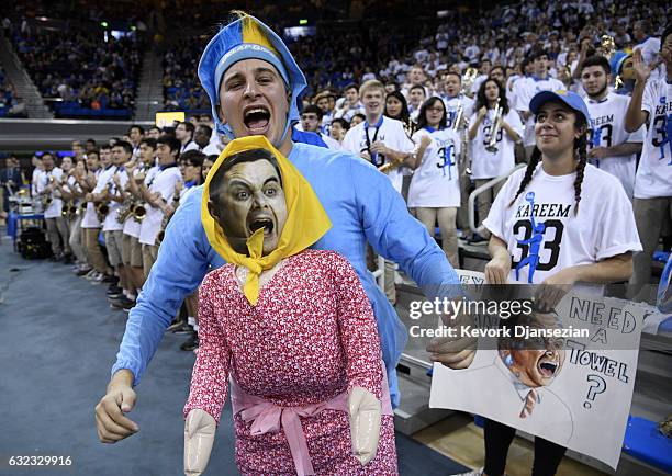 Bruins fans cheer for their team as the play against Arizona Wildcats during the first half of the game at Pauley Pavilion on January 21, 2017 in Los...