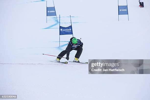 Ski racer Fritz Strobl of Austria speeds down the slope during the KitzCharityTrophy on January 21, 2017 in Kitzbuehel, Austria.