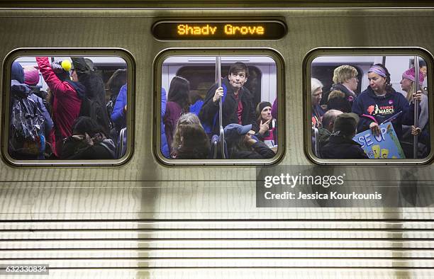 Thousands of protesters board metro trains after attending the Women's March on Washington on January 21, 2017 in Washington, DC. Following the...