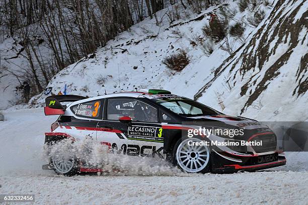 Elfyn Evans of Great Britain and Daniel Barritt of Great Britain compete in their M-Sport WRT Ford Fiesta WRC during Day Three of the WRC Monte-Carlo...