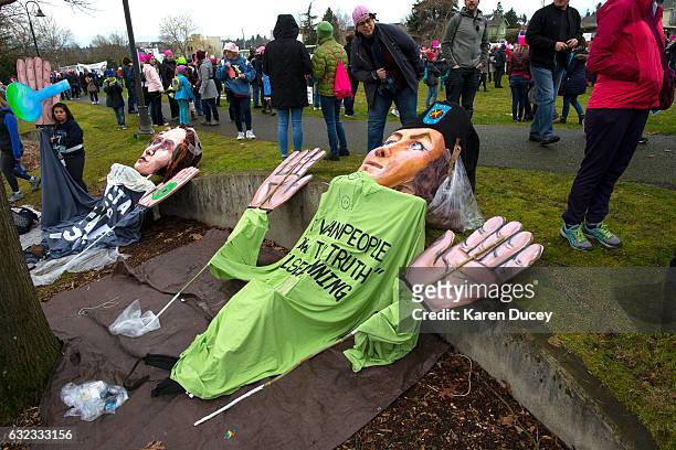Thousands march in the Women's March in Seattle a day after the inauguration of President Donald Trump on January 21, 2017 in Seattle, Washington....