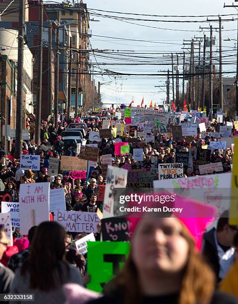 Thousands march in the Women's March in Seattle a day after the inauguration of President Donald Trump on January 21, 2017 in Seattle, Washington....