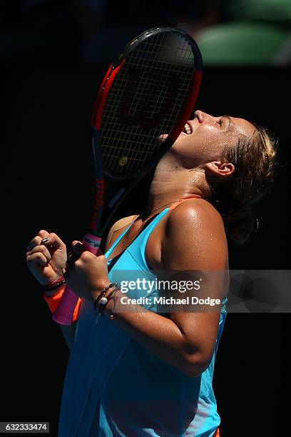 Anastasia Pavlyuchenkova of Russia celebrates winning her fourth round match against Svetlana Kuznetsova of Russia on day seven of the 2017...