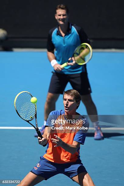 Jacco Eltingh and Paul Haarhuis of the Netherlands compete against Jonas Bjorkman and Thomas Johansson of Sweden in their legends doubles match on...