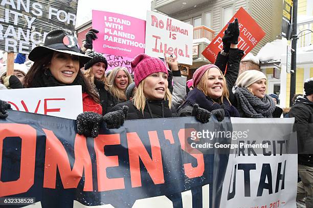 Jennifer Beals, Chelsea Handler, Mary McCormack and Charlize Theron participates in the Women's March on Main Street Park City on January 21, 2017 in...