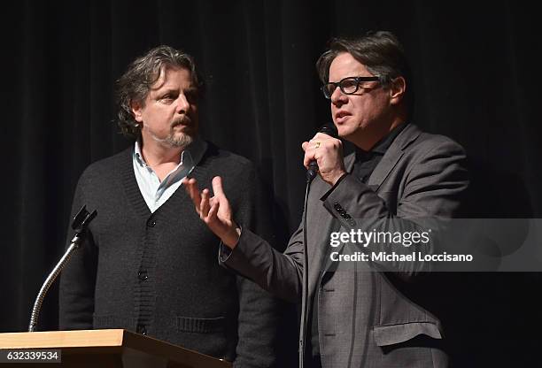 Directors Alex and Andrew Smith speak onstage at the "Walking Out" premiere on day 3 of the 2017 Sundance Film Festival at Library Center Theater on...