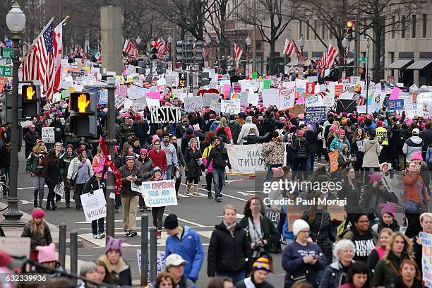 Protestors march during the Women's March On Washington on January 21, 2017 in Washington, DC.