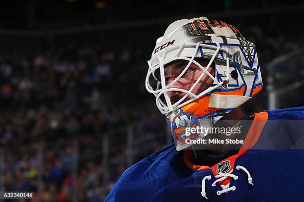 Jean-Francois Berube of the New York Islanders looks on against the Los Angeles Kings at the Barclays Center on January 21, 2017 in Brooklyn borough...