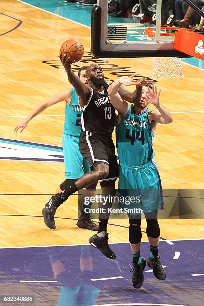 Anthony Bennett of the Brooklyn Nets goes up for a lay up against the Charlotte Hornets on January 21, 2017 at Time Warner Cable Arena in Charlotte,...