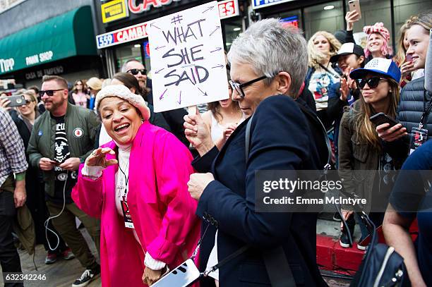 Debbie Allen and Jamie Lee Curtis attend the women's march in Los Angeles on January 21, 2017 in Los Angeles, California.