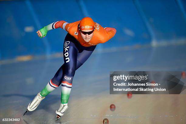 Sanne in 't Hof of the Netherlands competes in the women's junior 3000m draw for the ISU junior world cup speed skating championships on January 21,...