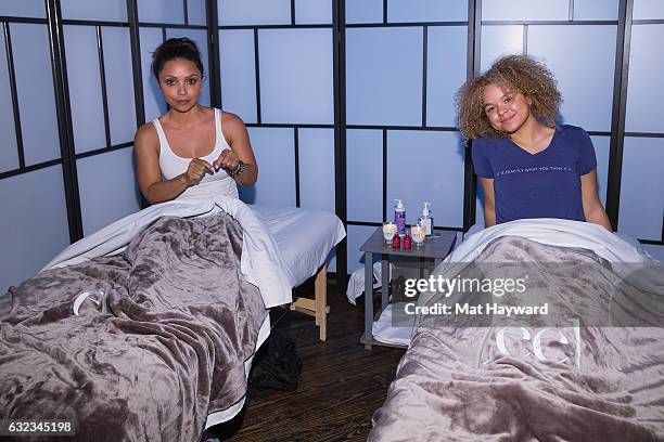 Daniel Nicolet and Rachel Crow pose for a photo after a Zeel massage in the Tone It Up Wellness Loung during the Sundance Film Festival on January...