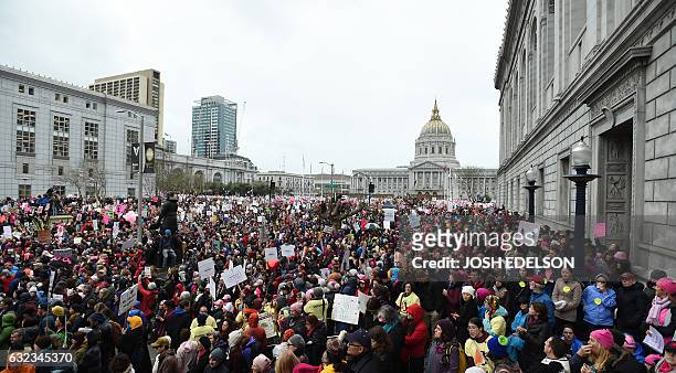 Thousands of people gather at Civic Center to protest President Donald Trump and to show support for women's rights in San Francisco on January 21,...
