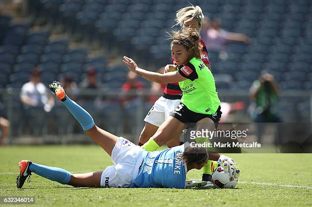 Trudy Burke of Canberra claims a cross during the round 13 W-League match between the Western Sydney Wanderers and Canberra United at Campbelltown...