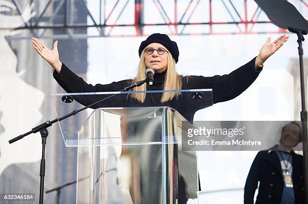 Actress Barbra Streisand speaks onstage at the women's march in Los Angeles on January 21, 2017 in Los Angeles, California.
