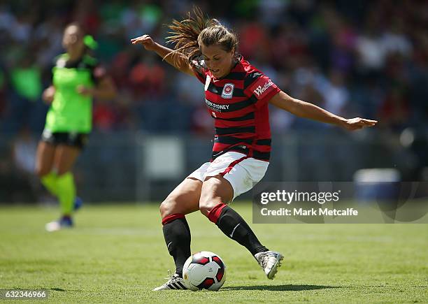 Katie Stengel of the Wanderers scores during the round 13 W-League match between the Western Sydney Wanderers and Canberra United at Campbelltown...