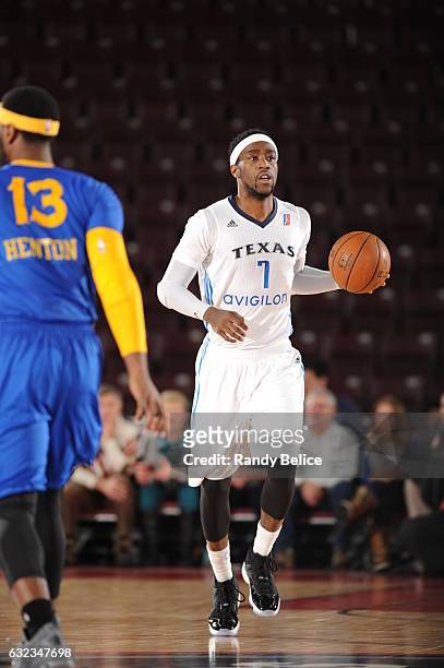 Tony Wroten of the Texas Legends handles the ball during the game against the Santa Cruz Warriors as part of 2017 NBA D-League Showcase at the...
