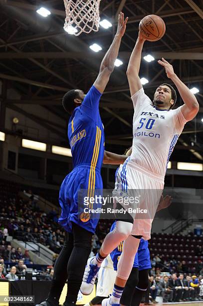 Hammons of the Texas Legends goes up for the shot over James Southerland of the Santa Cruz Warriors as part of 2017 NBA D-League Showcase at the...