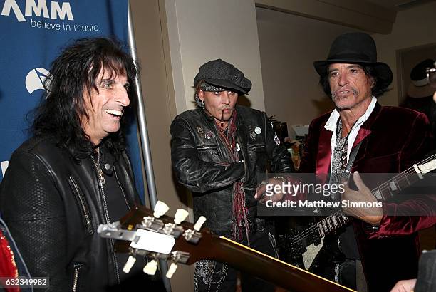 Musicians Alice Cooper, Johnny Depp and Joe Perry attend the TEC Awards during NAMM Show 2017 at the Anaheim Hilton on January 21, 2017 in Anaheim,...