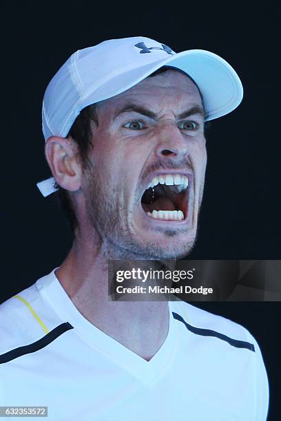 Andy Murray of Great Britain reacts in his fourth round match against Mischa Zverev of Germany on day seven of the 2017 Australian Open at Melbourne...