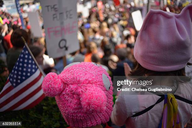 Participants seen during the Women's March on January 21, 2017 in Los Angeles, California. Tens of thousands of people took to the streets of...