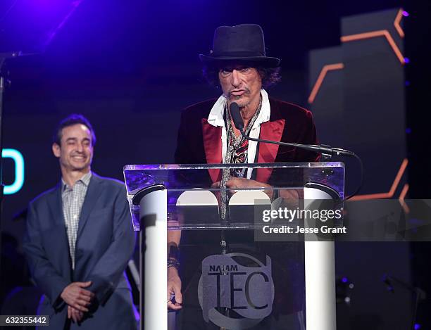 Musician Joe Perry accepts the Les Paul Award onstage at the TEC Awards during NAMM Show 2017 at the Anaheim Hilton on January 21, 2017 in Anaheim,...