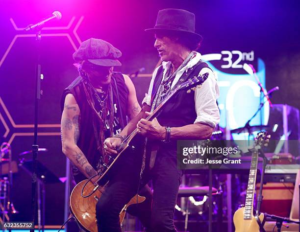 Actor Johhny Depp and musician Joe Perry perform onstage at the TEC Awards during NAMM Show 2017 at the Anaheim Hilton on January 21, 2017 in...