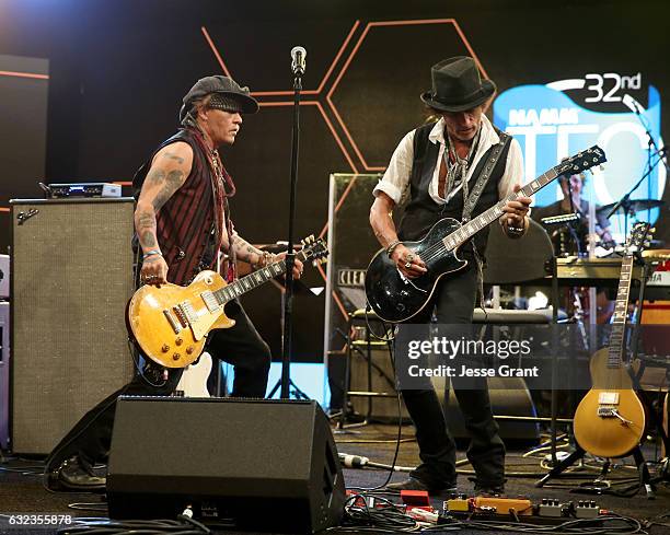 Actor Johhny Depp and musician Joe Perry perform onstage at the TEC Awards during NAMM Show 2017 at the Anaheim Hilton on January 21, 2017 in...