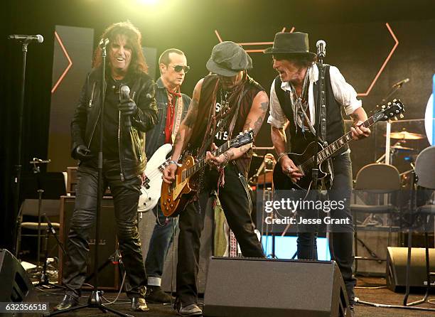 Musicians Alice Cooper, Robert DeLeo , Johnny Depp and Joe Perry perform onstage at the TEC Awards during NAMM Show 2017 at the Anaheim Hilton on...